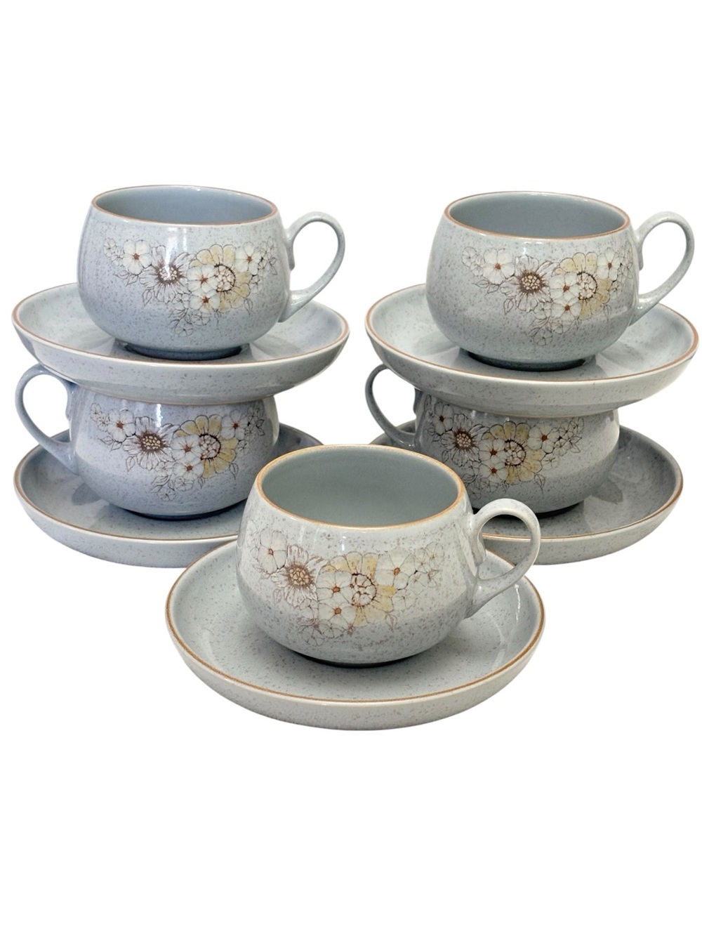 Denby Fine Stoneware Set of 5 Vintage 80s Reflections Pattern Cups & Saucers